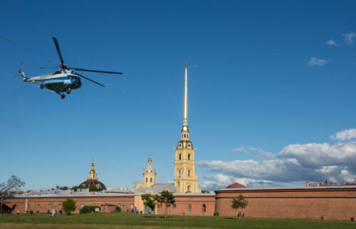 St. Petersburg. helicopter soars near Peter and Paul Fortress